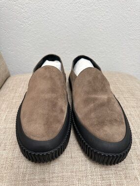 James Perse Taupe Suede Slip-On Loafers with Black Sole